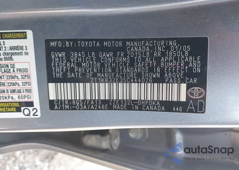 2005 Toyota Matrix из США, поврежденный, VIN 2T1KR32E35C444026